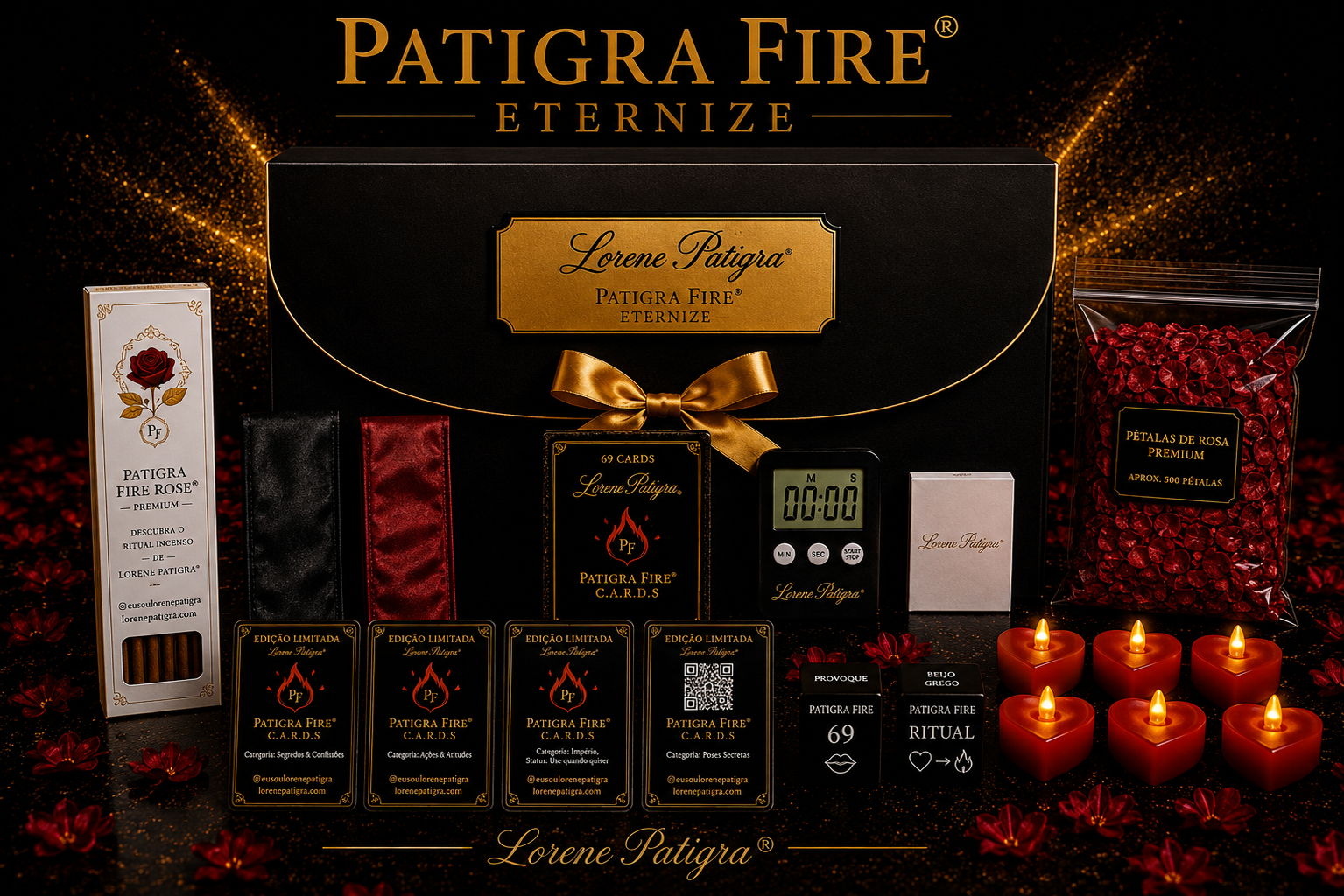 Caixa preta Patigra Fire Eternize com placa dourada, 69 cartas Patigra Fire Cards, timer, velas de LED, pétalas, faixas de cetim e incenso