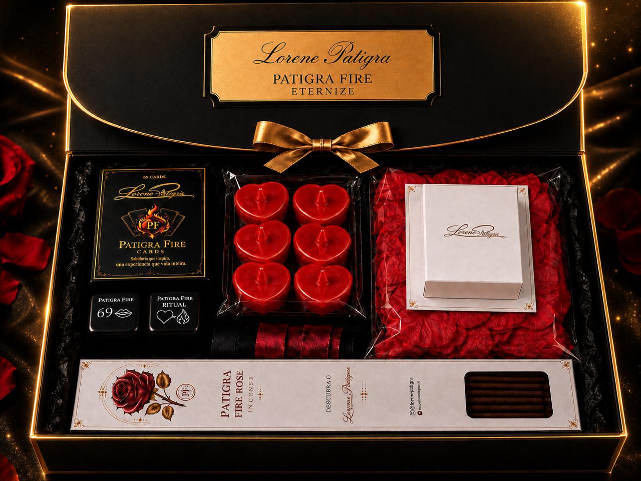Caixa Patigra Fire Eternize com os itens do ritual e do jogo: faixas de cetim, incenso Fire Rose, 69 cartas Patigra Fire Cards, timer integrado, QR Codes com aulas de Lorene Patigra, dados e velas de LED em formato de coração