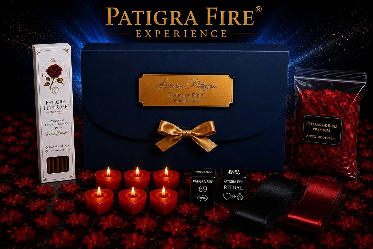 Caixa azul Patigra Fire Experience fechada com placa dourada, ao lado de velas de LED, pétalas de rosa, faixas de cetim, dados e incenso Patigra Fire Rose