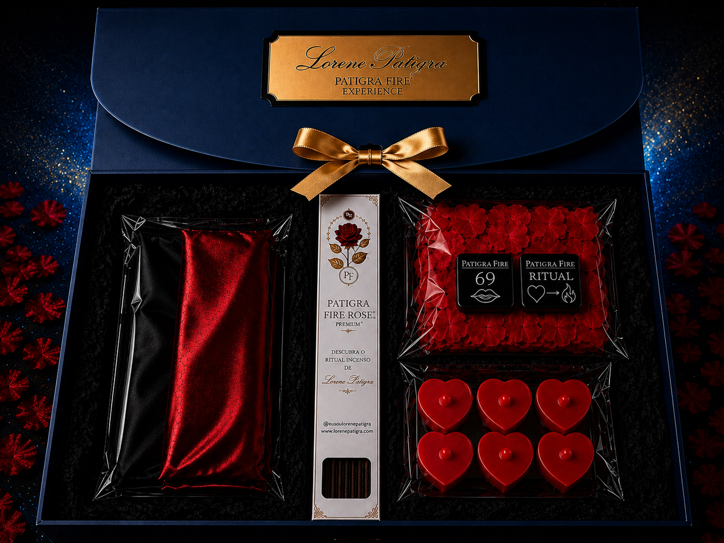 Caixa Patigra Fire Experience aberta, revelando faixas de cetim, incenso Fire Rose, pétalas de rosa, dados do ritual e velas de LED em formato de coração