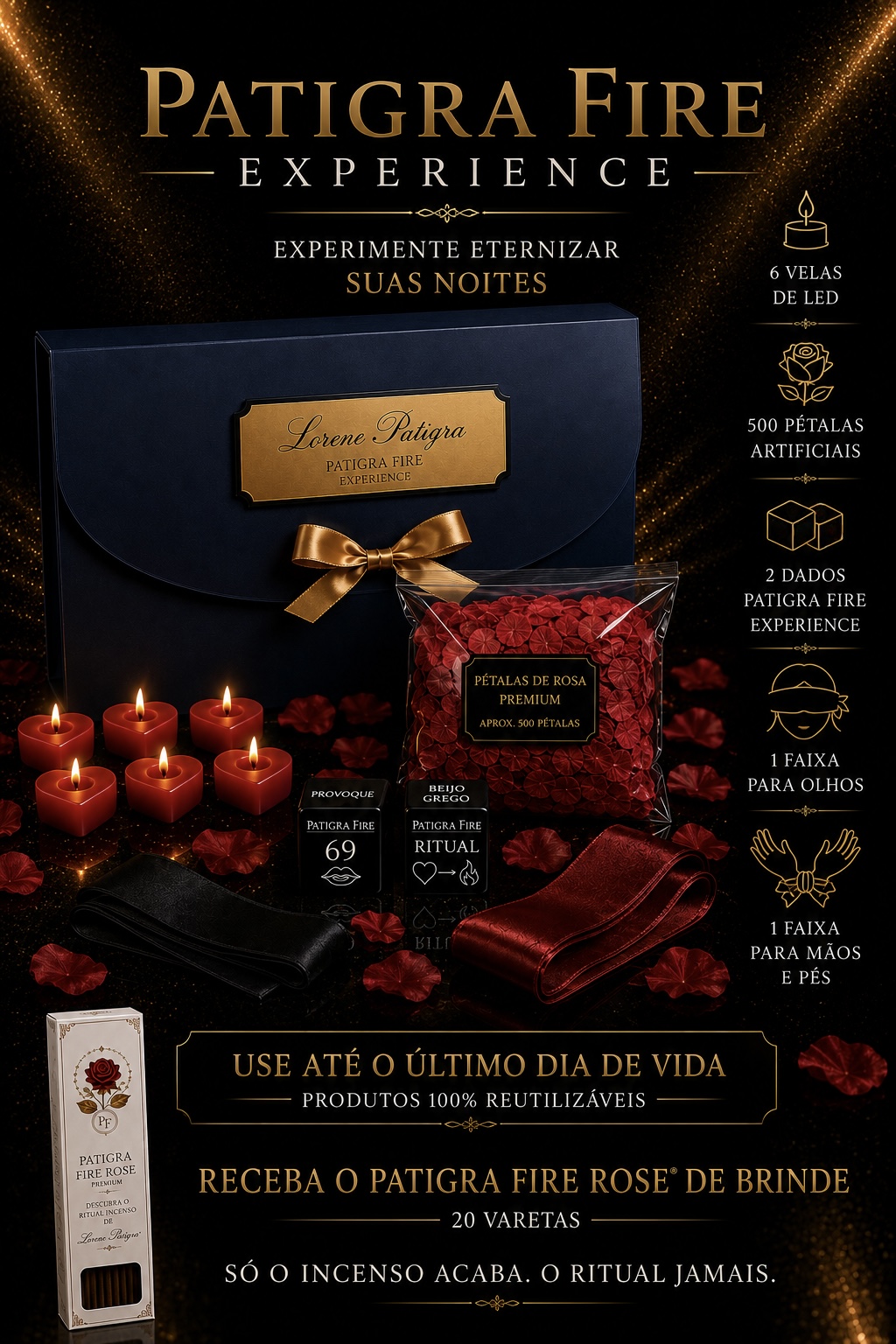 Caixa Patigra Fire Experience com velas de LED, 500 pétalas de rosa, 2 dados, faixas de cetim e incenso Patigra Fire Rose
